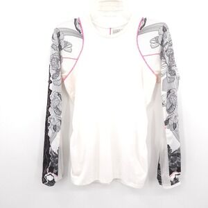 Lucky in Love Tennis Top Womens M White Floral Mesh Long Sleeve Ruched Sport